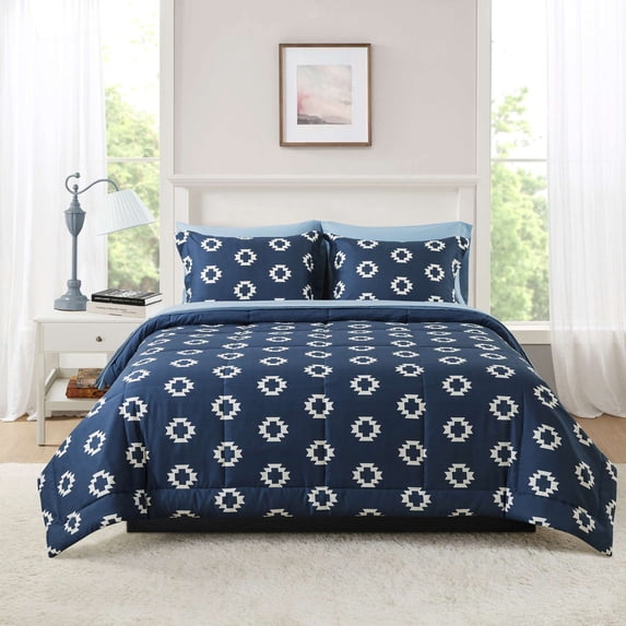 Mainstays All in One Reversible Comforter and Sheet Set, 7-Piece, Queen, Navy Geo