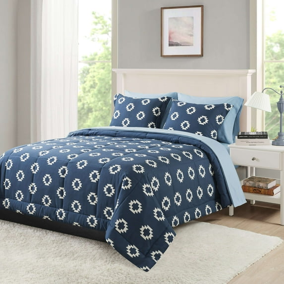 Mainstays All in One Reversible Comforter and Sheet set- 7 Piece, Queen, Navy Geo