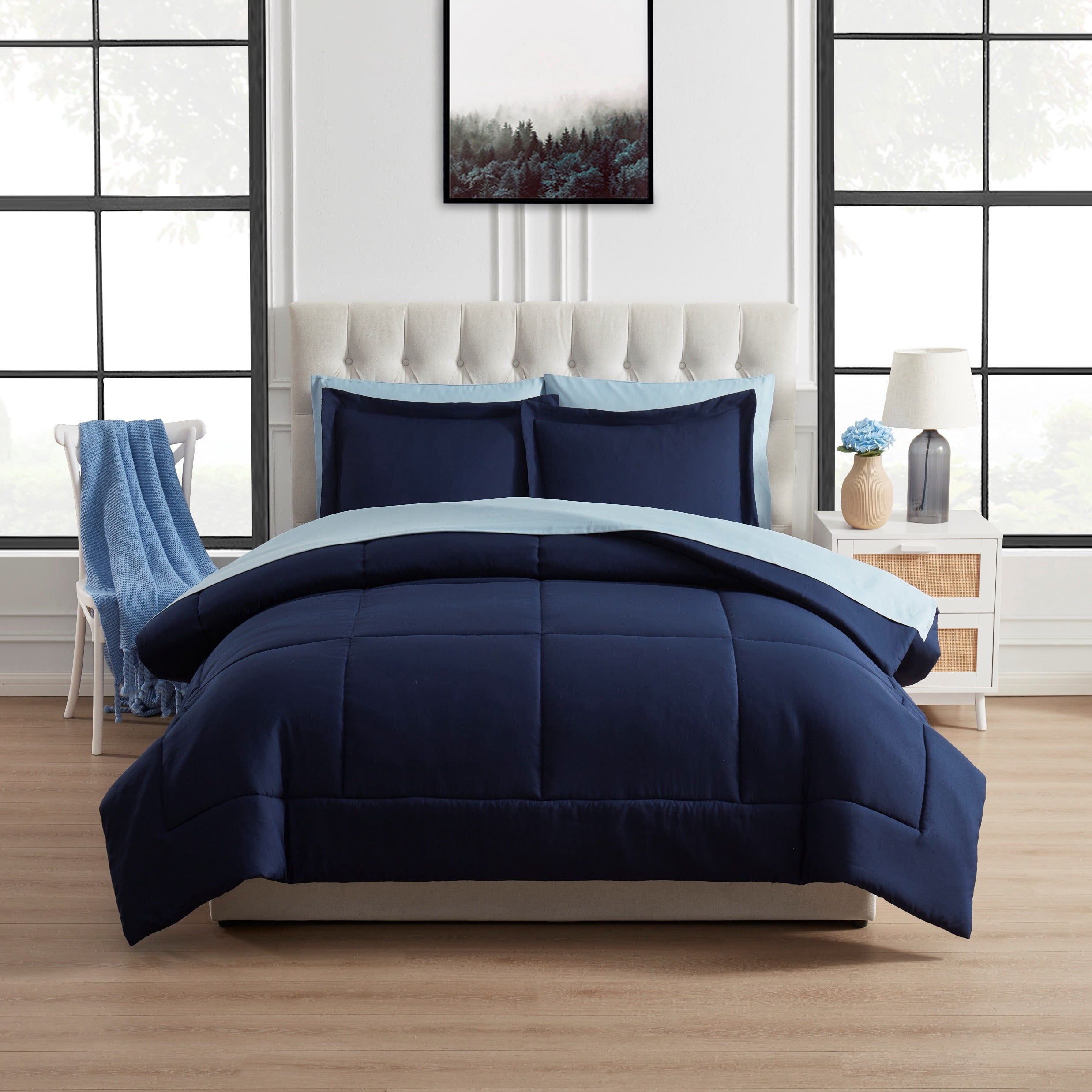 Mainstays All in One Reversible Comforter and Sheet set- 7 Piece, King, Navy
