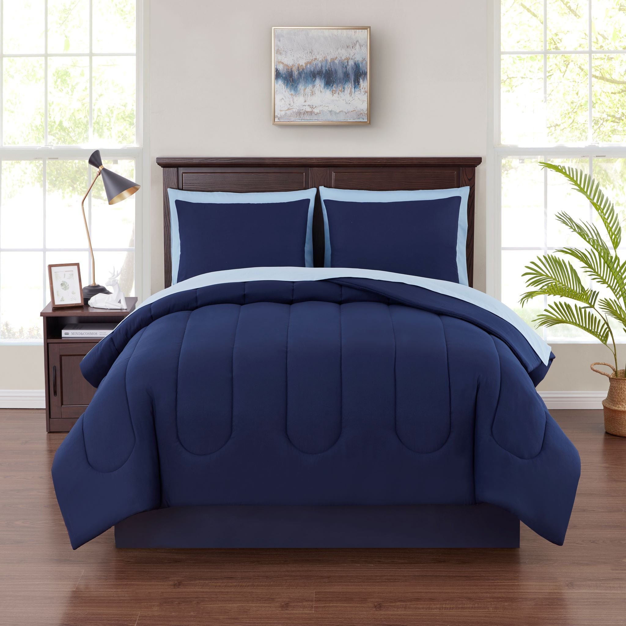 Mainstays Navy 7-Piece Reversible Bed in a Bag Comforter Set with Sheets, King