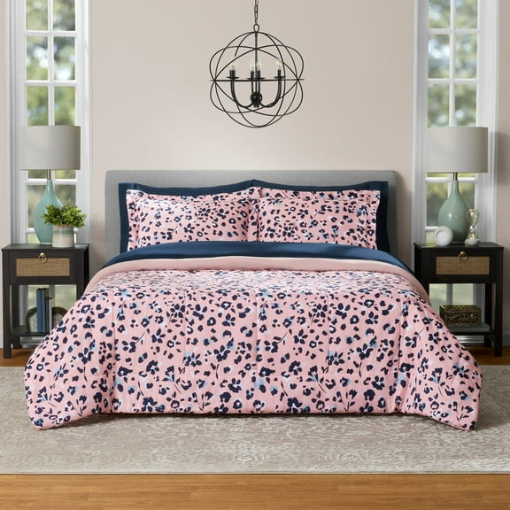 Mainstays All in One Reversible Comforter and Sheet Set- 7 Piece, King, Pink Animal Print
