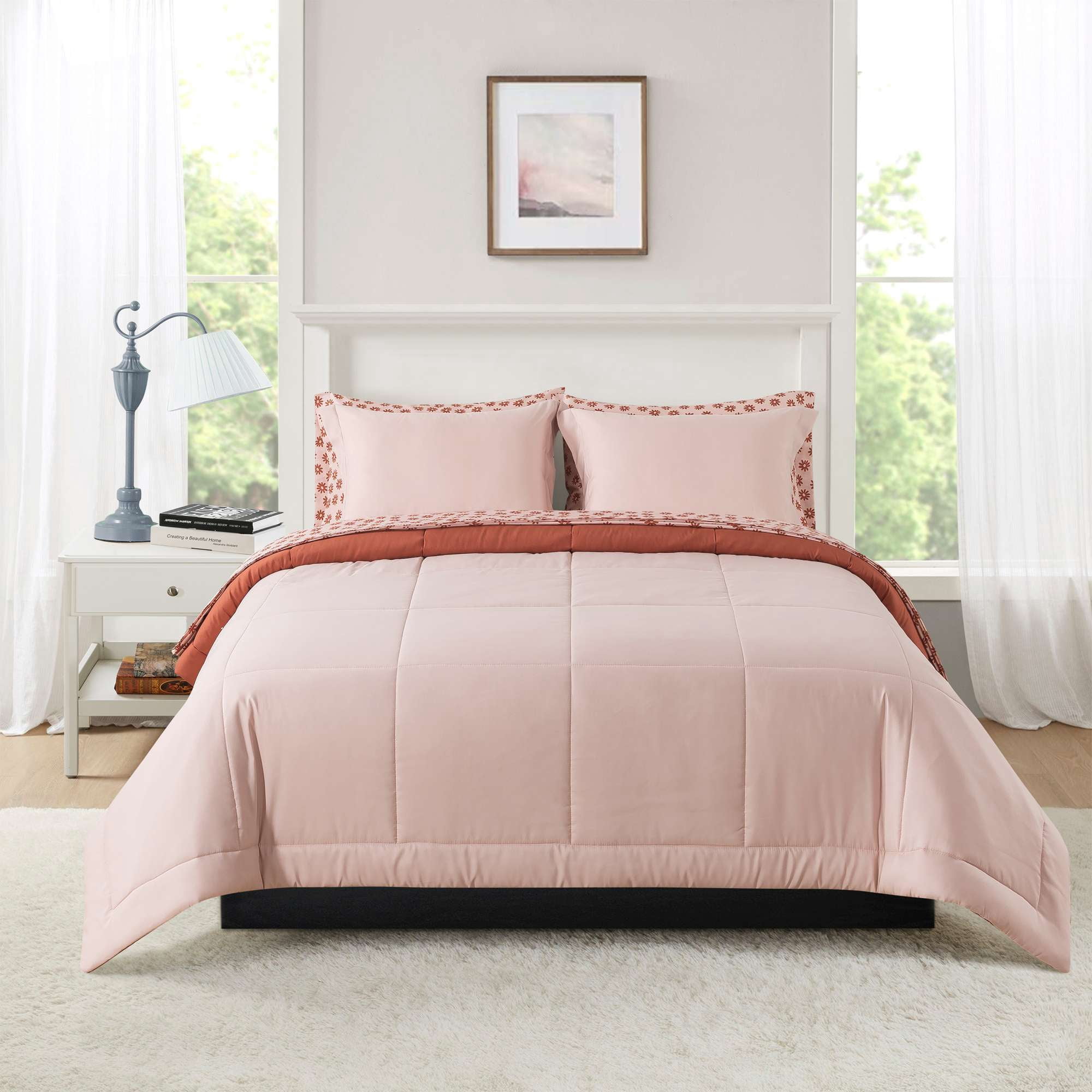 Mainstays All in One Reversible Comforter and Sheet Set, 7-Piece, Full, Pink Blush