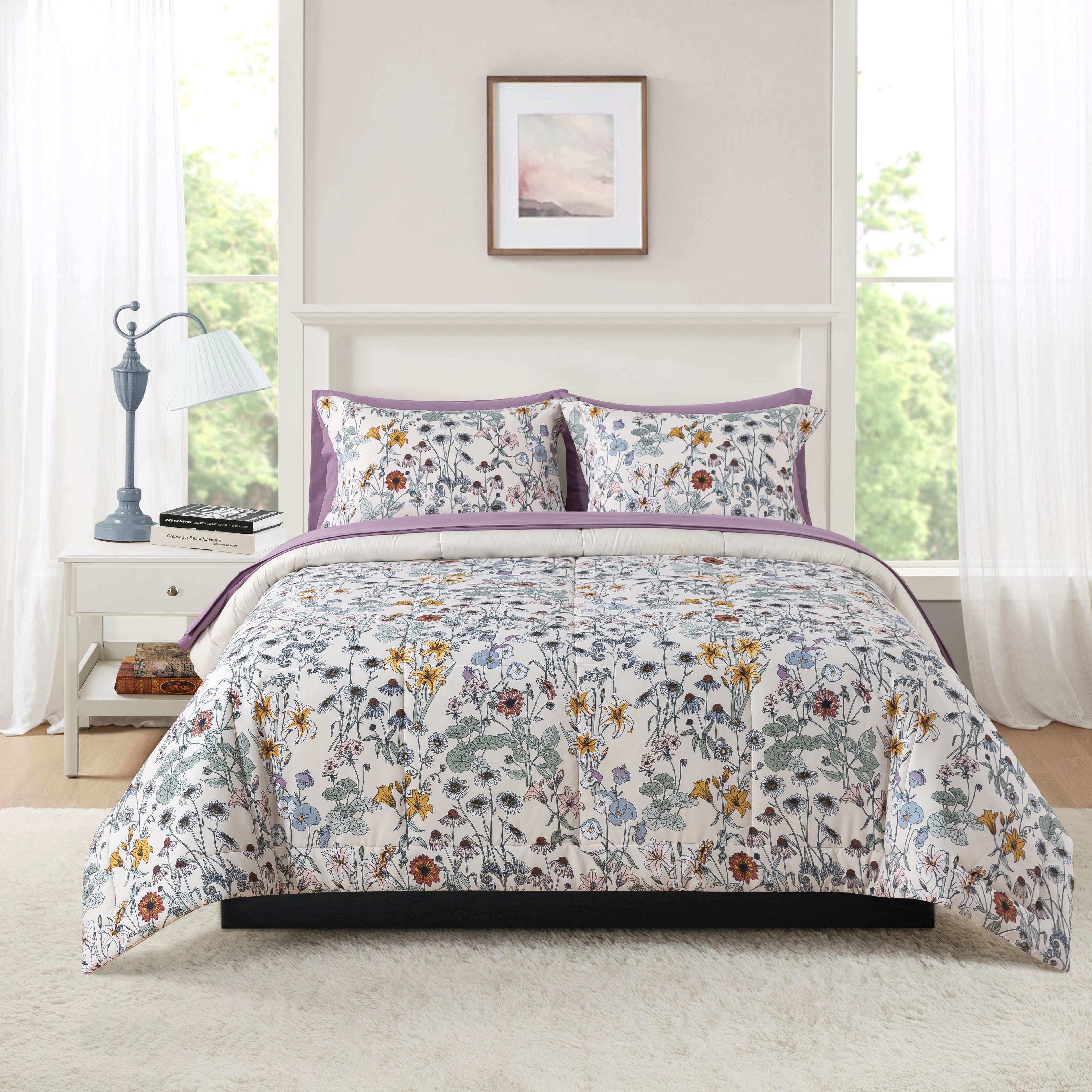 Mainstays All in One Reversible Comforter and Sheet set- 7 Piece, King, White Multi Floral - Walmart.com