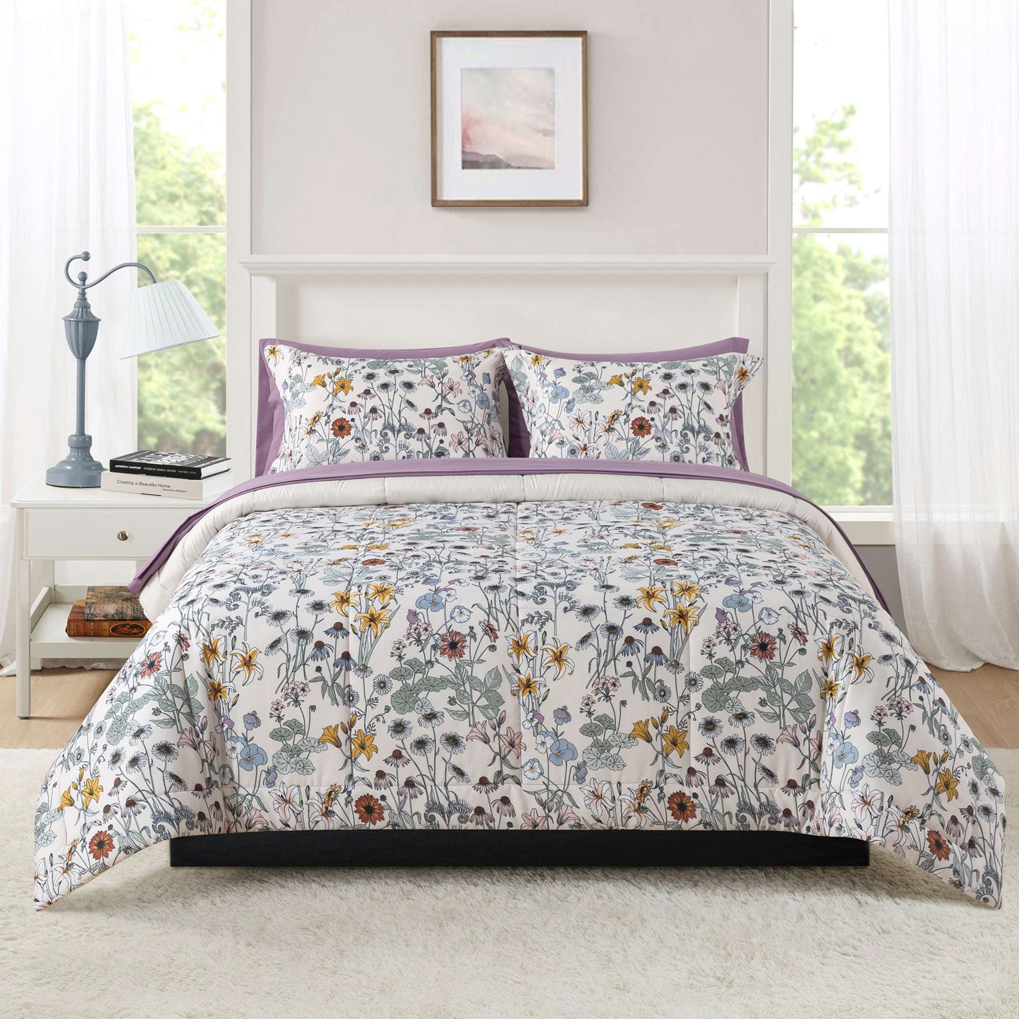 Mainstays All in One Reversible Comforter and Sheet Set, 7-Piece, Queen, White Multi Floral