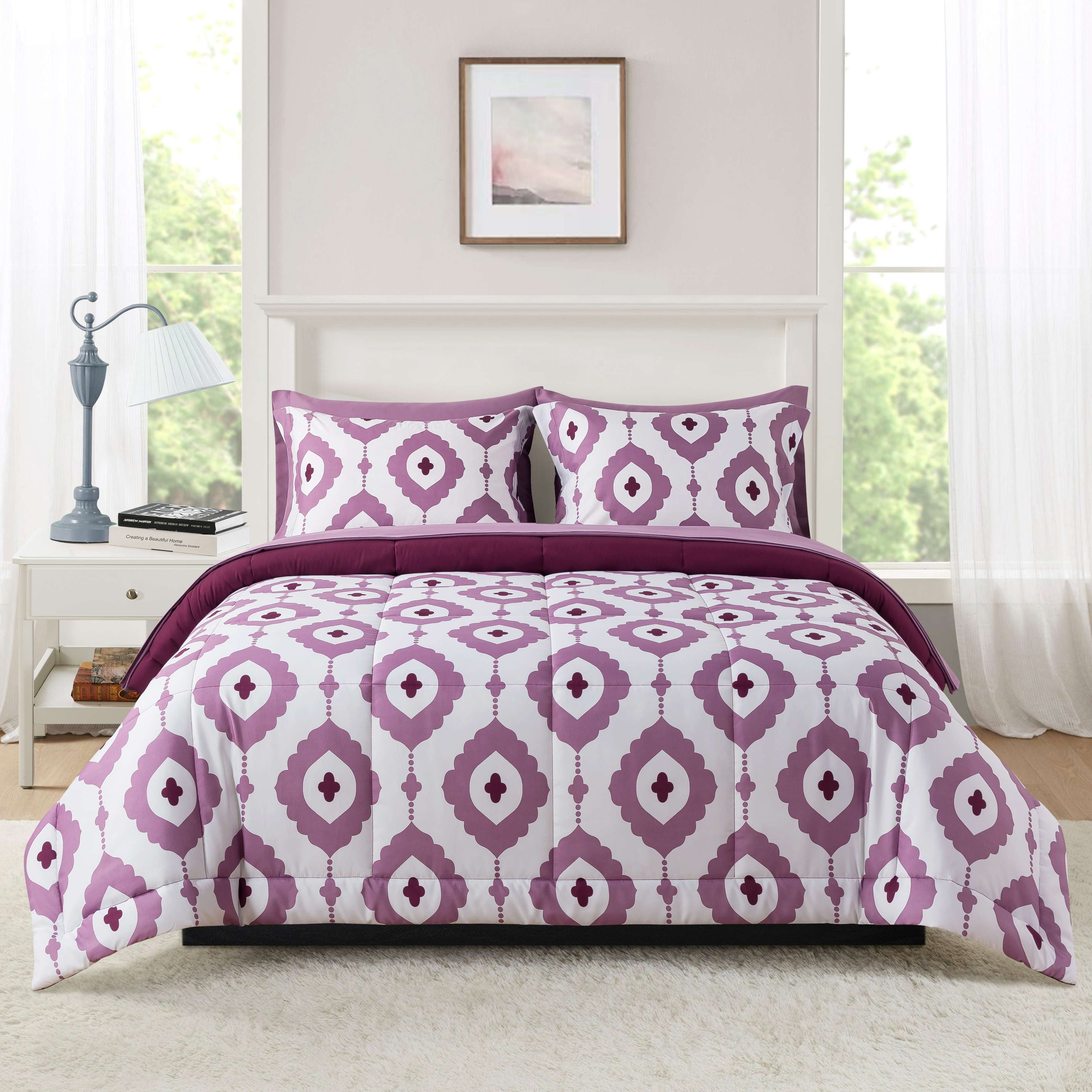 Mainstays All in One Reversible Comforter and Sheet set- 7 Piece, Queen, Purple Geo