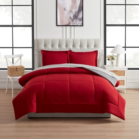 Mainstays All in One Reversible Comforter and Sheet set- 7 Piece, King, Red