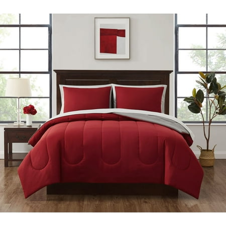 Mainstays 7 Piece Reversible Bed in a Bag Comforter Set with Sheets, Red, Queen