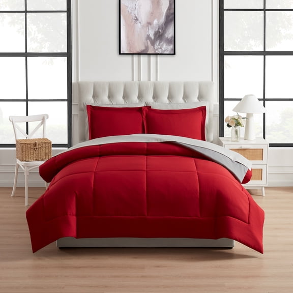 Mainstays All in One Reversible Comforter and Sheet set- 7 Piece, Queen, Red
