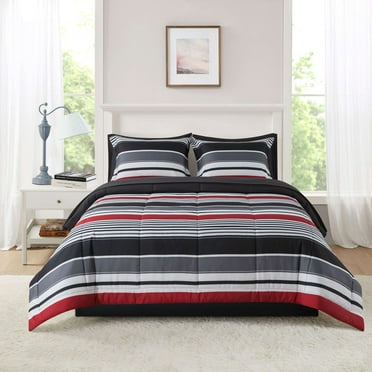 Mainstays 7-Piece Reversible Bed in a Bag Comforter Set with Sheets, Red Stripe, Full