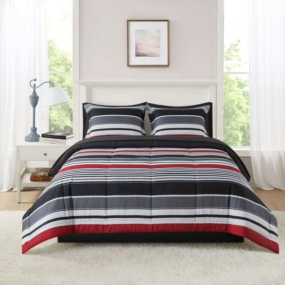 Mainstays All in One Reversible Comforter and Sheet set- 7 Piece, Full, Red and Black Stripe