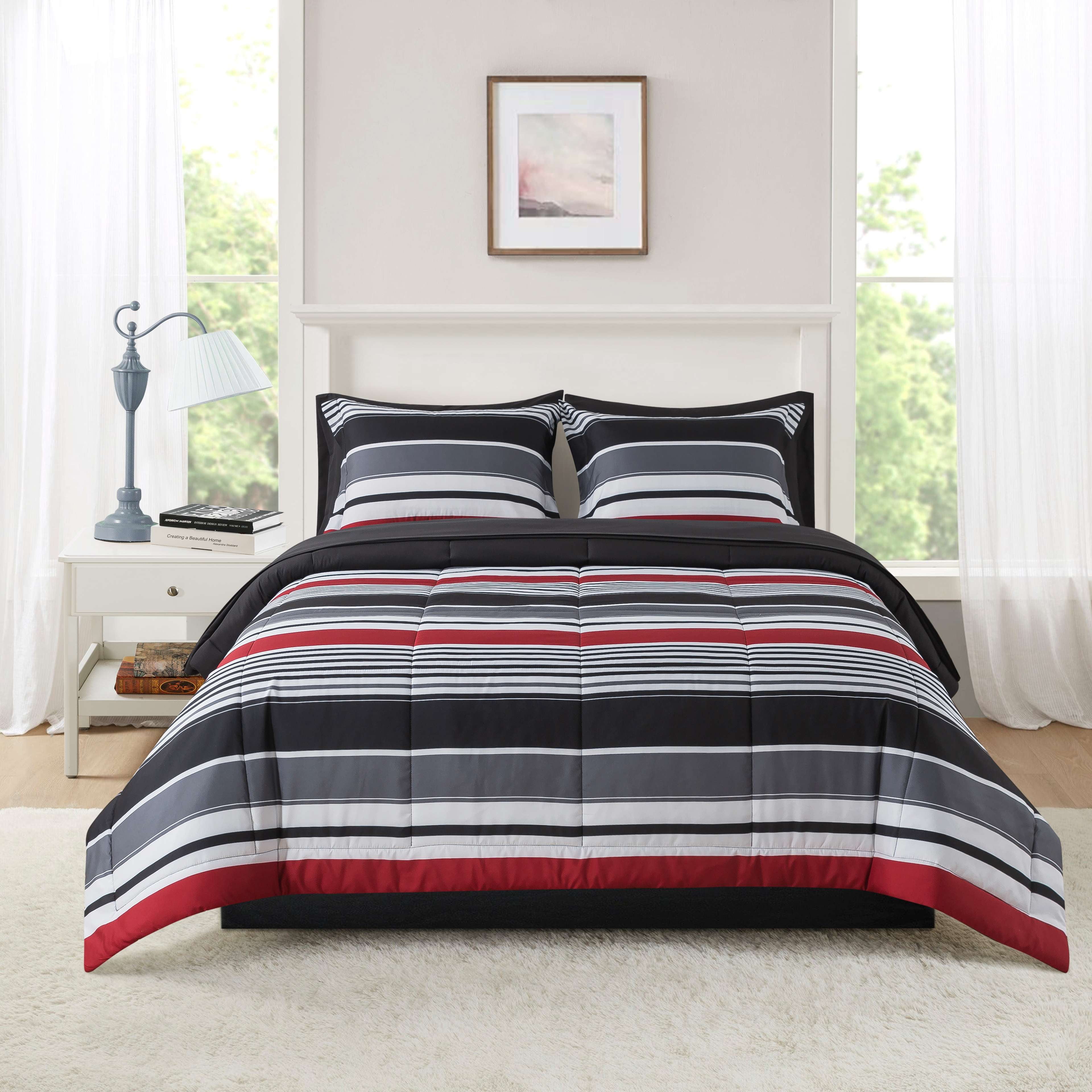 Mainstays 7-Piece Reversible Bed in a Bag Comforter Set with Sheets, Red and Black Stripe, Queen