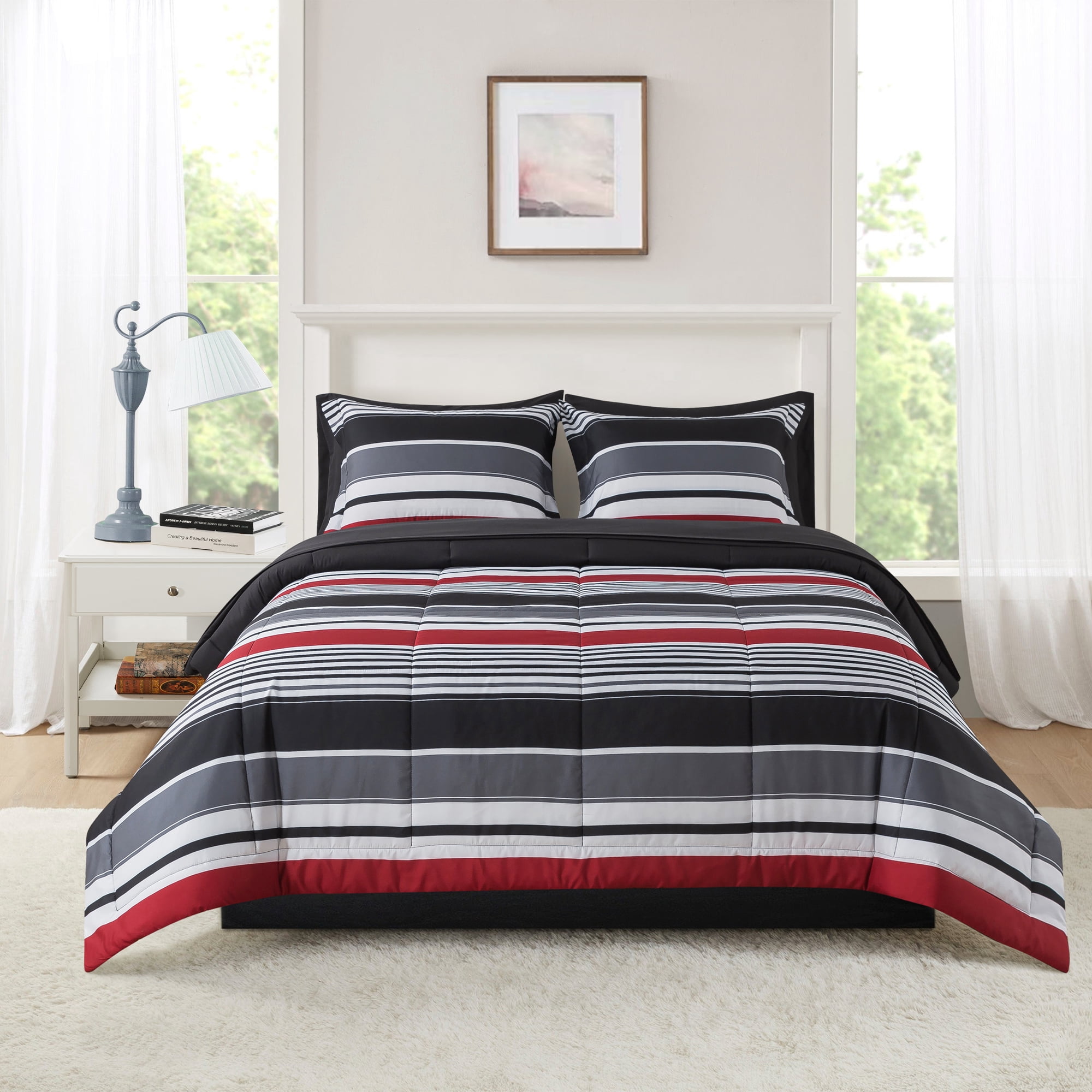 Mainstays All in One Reversible Comforter and Sheet set- 7 Piece, Queen, Red and Black Stripe