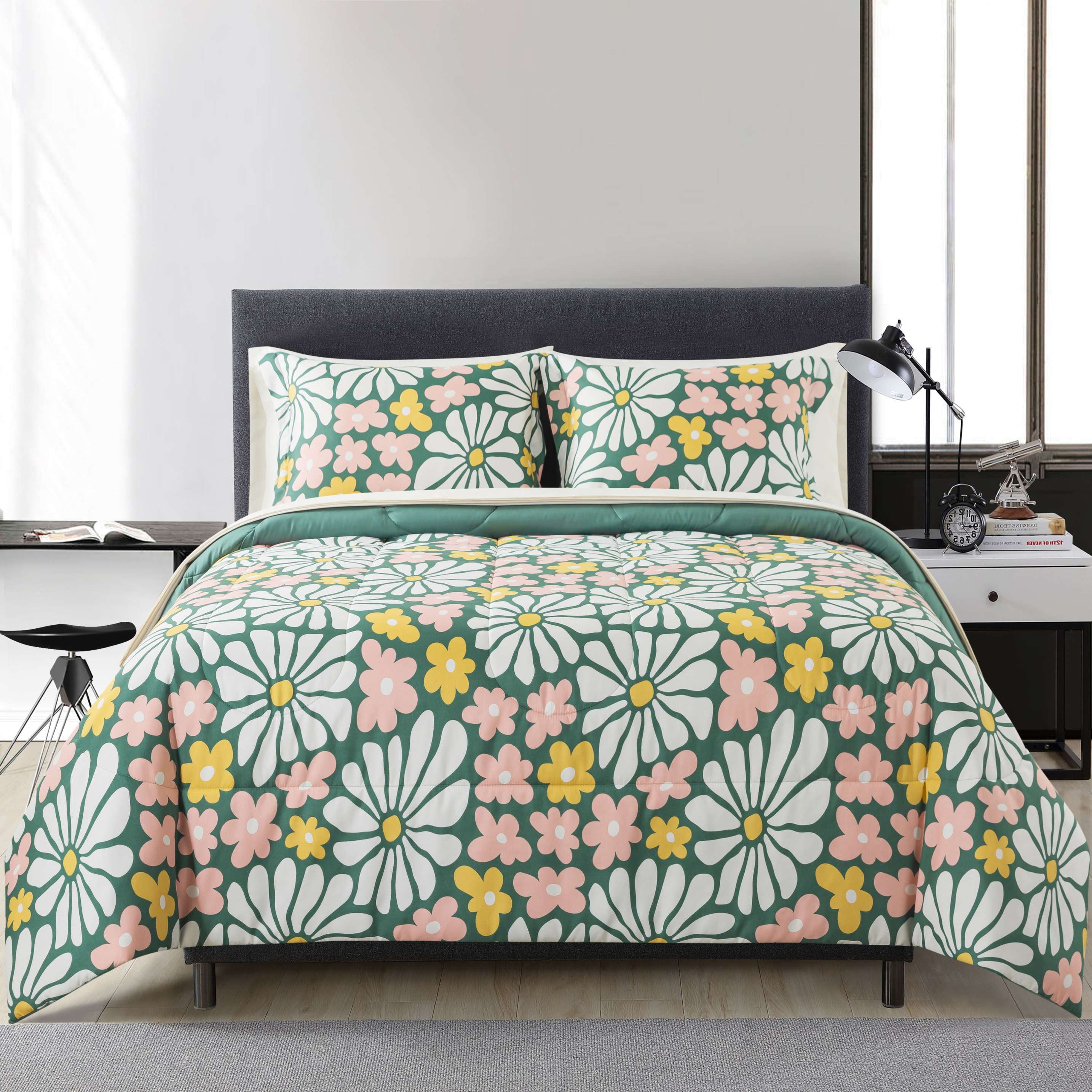 Mainstays 7 Piece Reversible Bed in a Bag Comforter Set with Sheets, Retro Floral, Queen