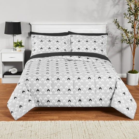 Mainstays All in One Reversible Comforter and Sheet set- 7 Piece, Full, Light Grey Chevron