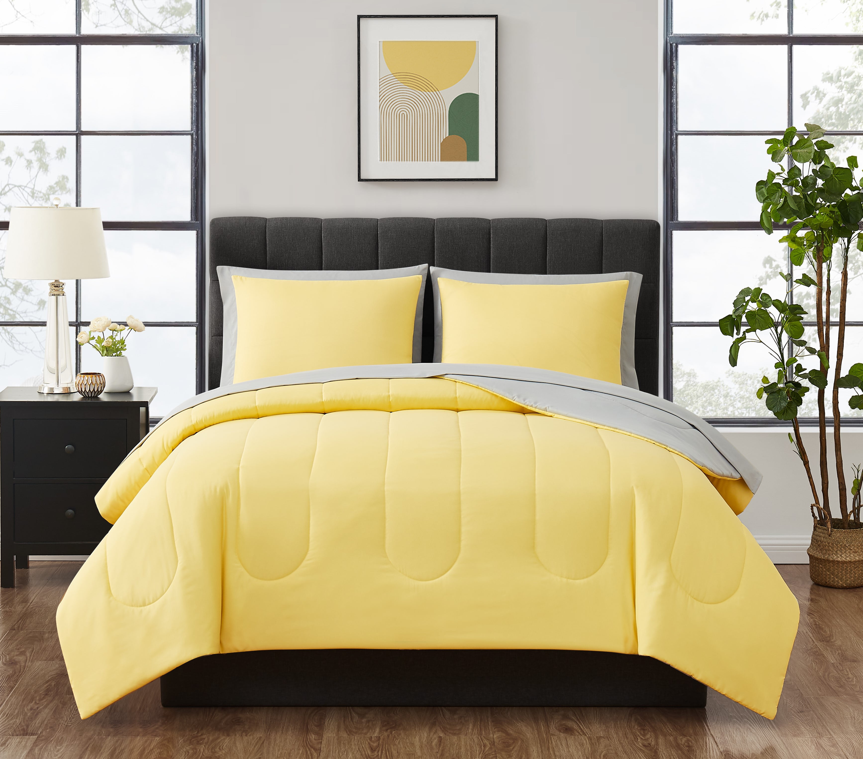 Mainstays 7 Piece Reversible Bed in a Bag Comforter Set with Sheets, Yellow, King