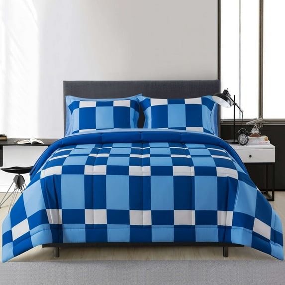 Mainstays 7-Piece Reversible Bed in a Bag with Laundry Tote, Blue Check, Queen