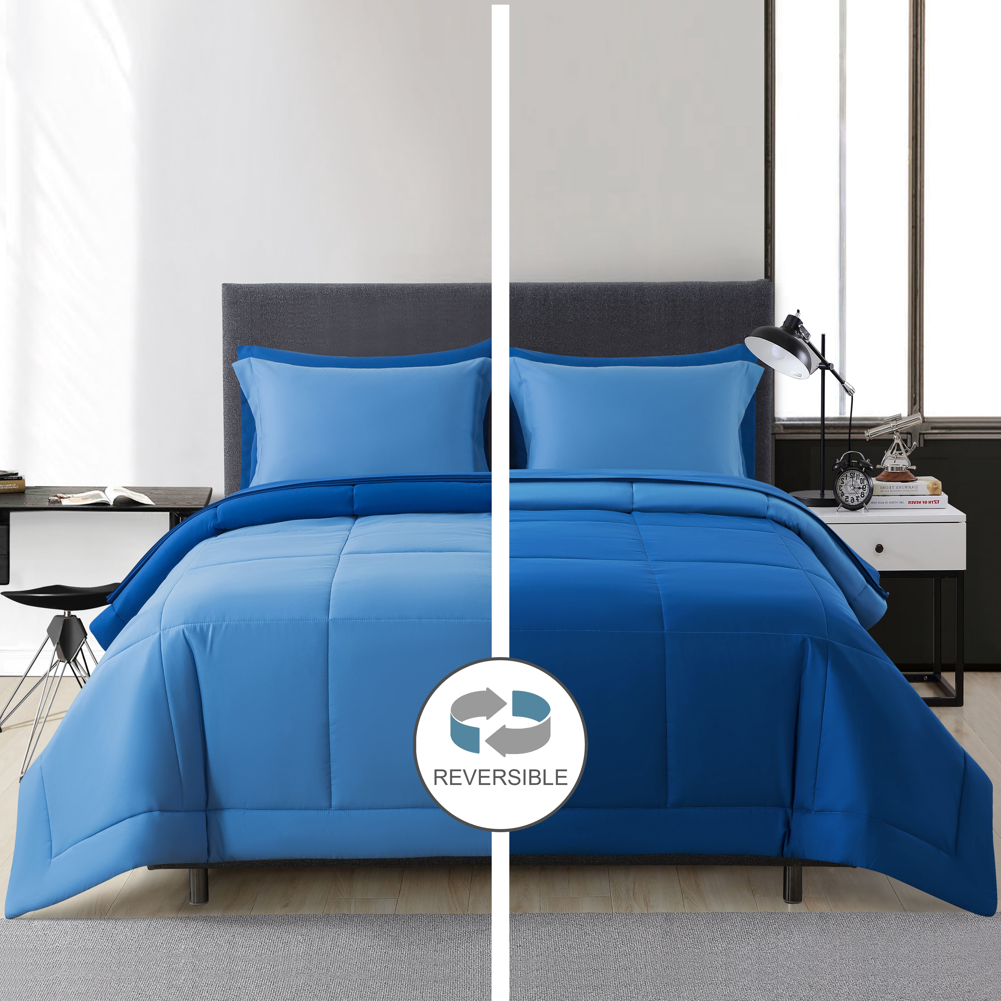Mainstays 7-Piece Reversible Bed in a Bag with Laundry Tote, Solid Blue, King