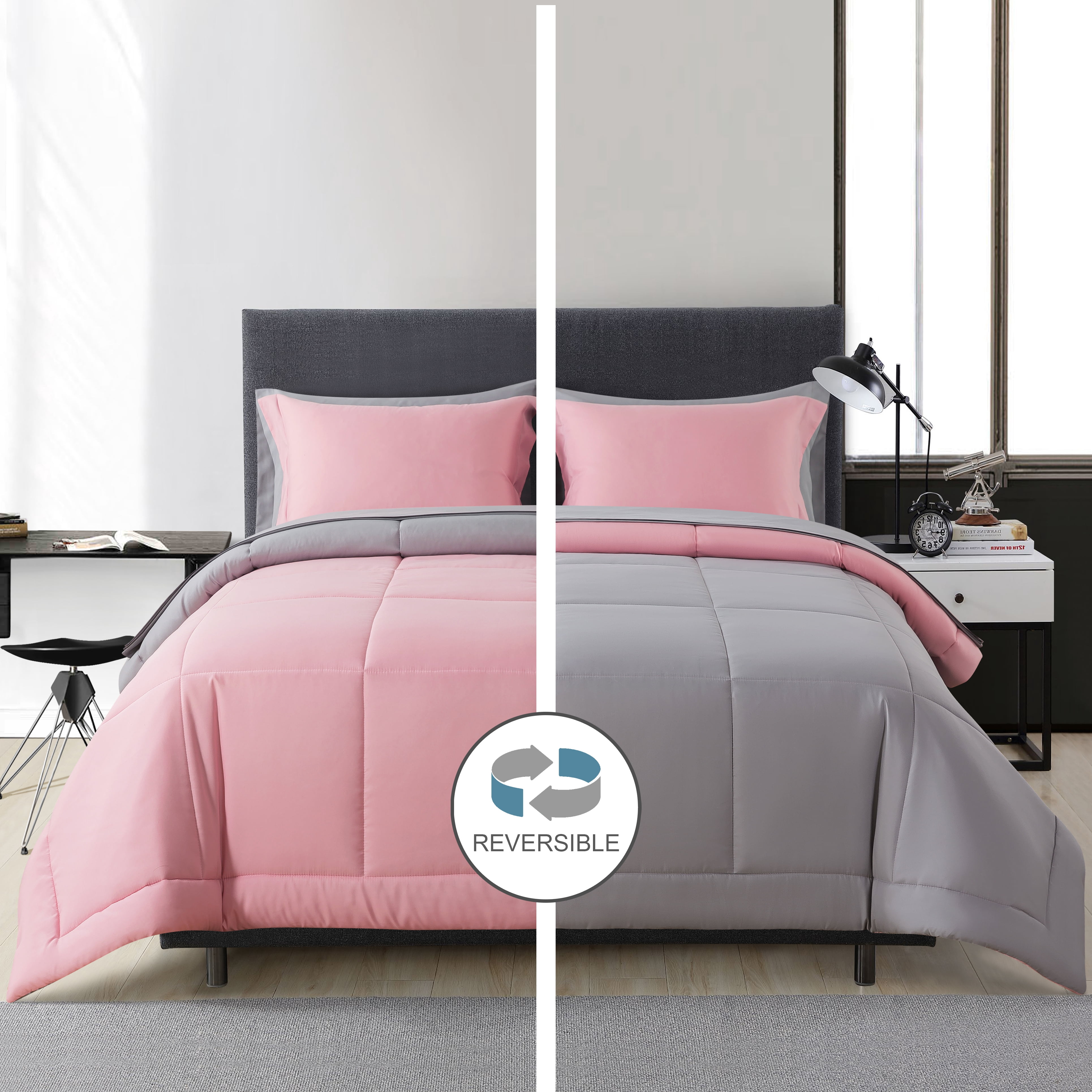 Mainstays 7-Piece Reversible Bed in a Bag with Laundry Tote, Solid Pink, Full