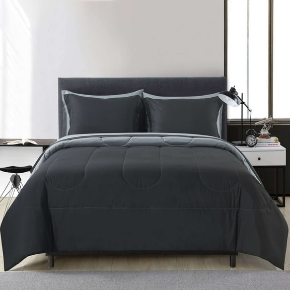 Mainstays 7-Piece Reversible Black Bed in a Bag Comforter Set with Sheets, Full, Adult, Unisex