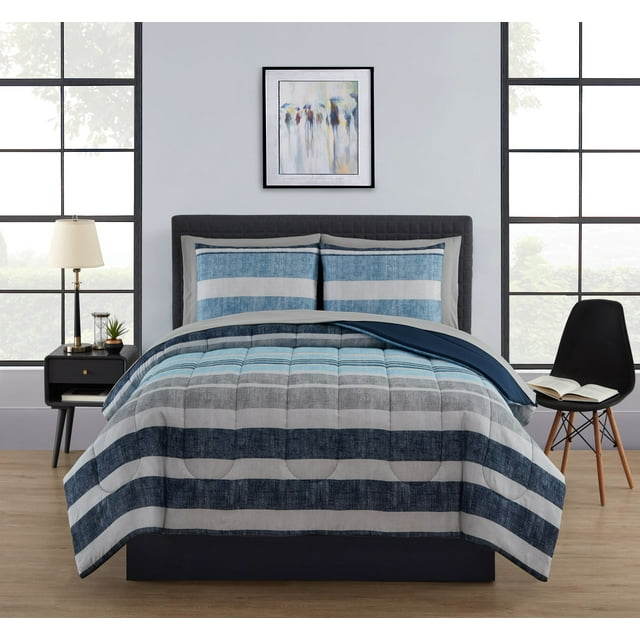 Mainstays 7Piece Reversible Blue Stripe Bed In a Bag Comforter Set
