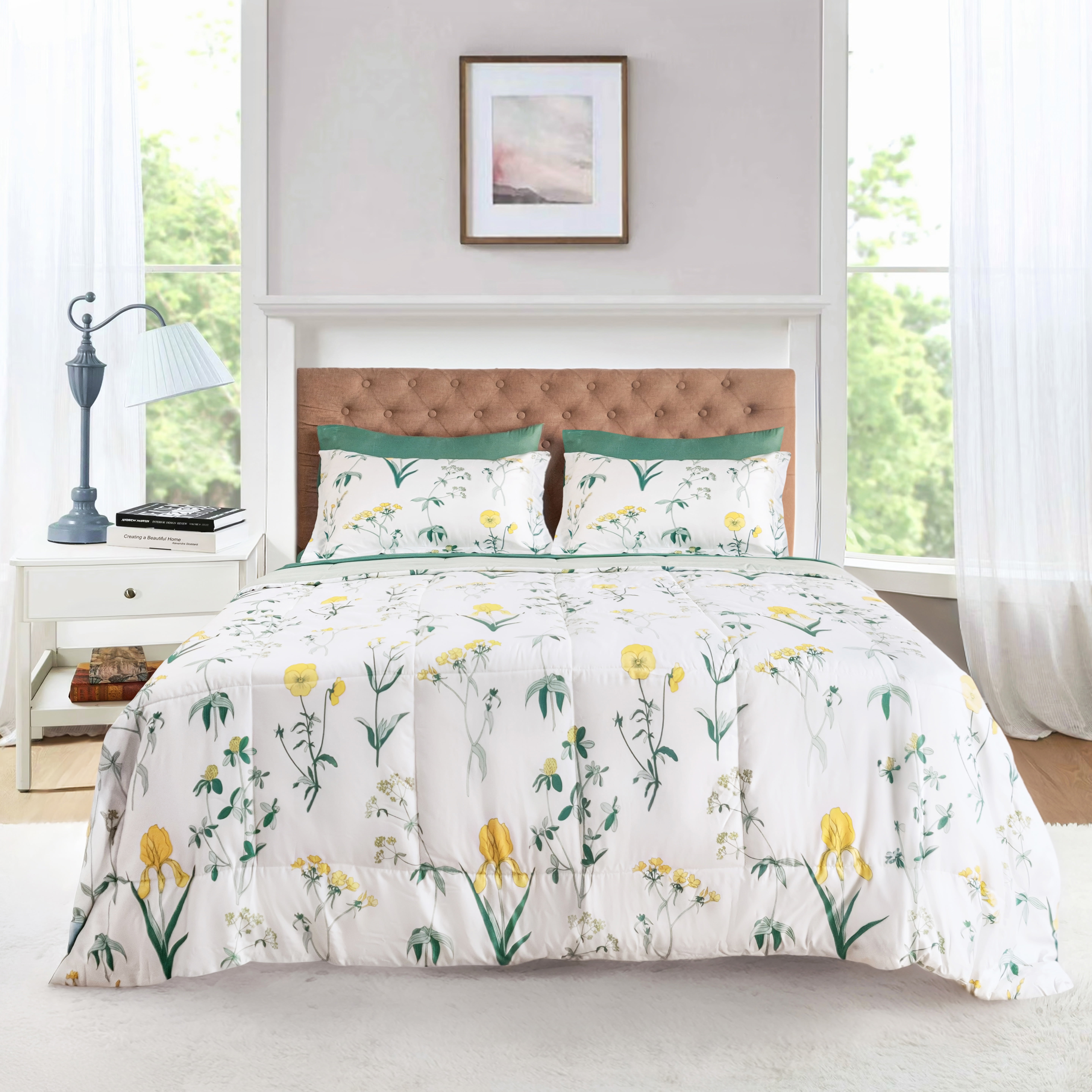 Mainstays All in One Reversible Comforter and Sheet set- 7 Piece, King, Golden Floral