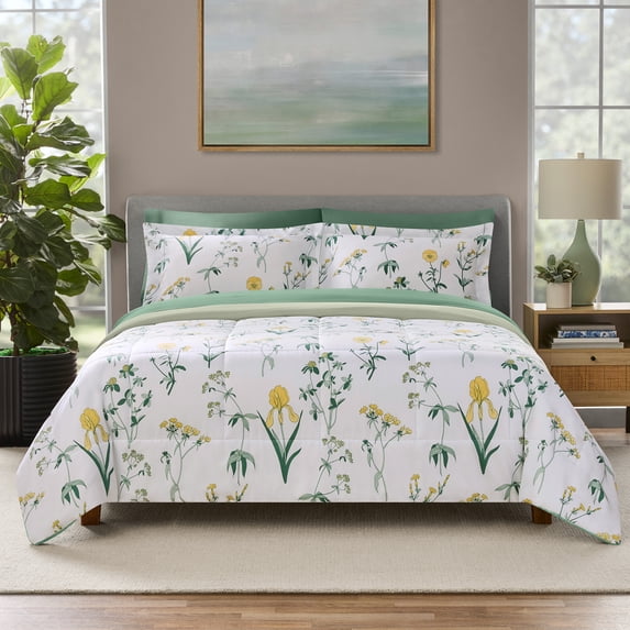 Mainstays Reversible 7-Piece Bed-in-a-Bag Comforter and Sheet Set, King, Golden Floral