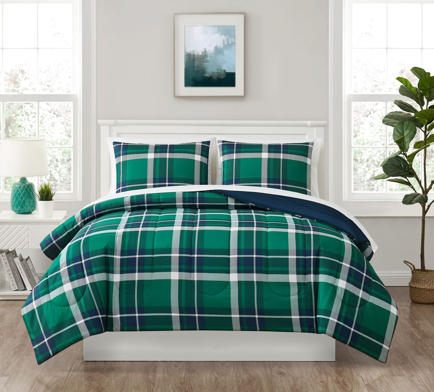 Mainstays 7Piece Reversible Green Plaid Bed In a Bag Comforter Set