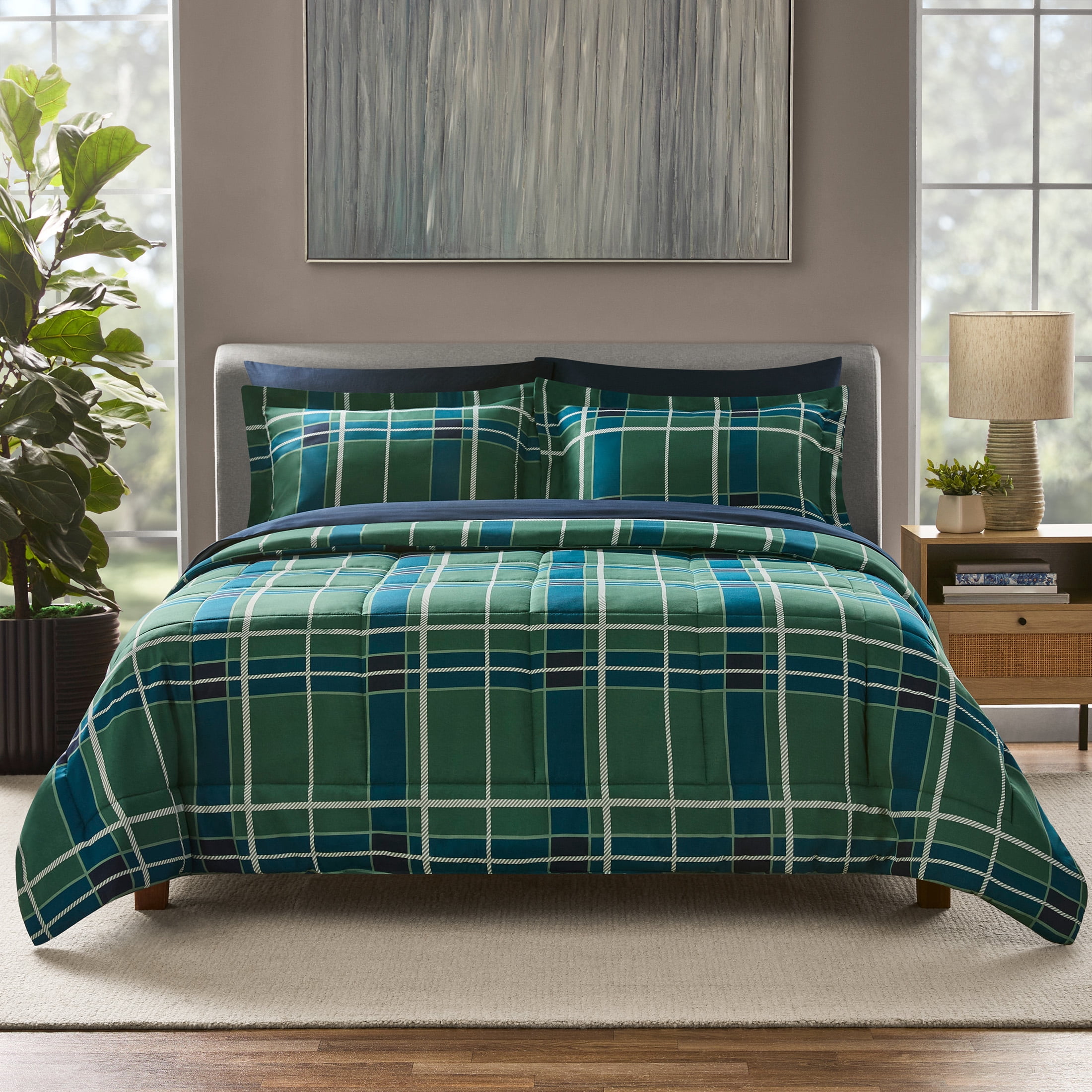 Mainstays Bed in a Bag Reversible Comforter Set with Sheets, 7 Piece, Full, Green and Navy Plaid