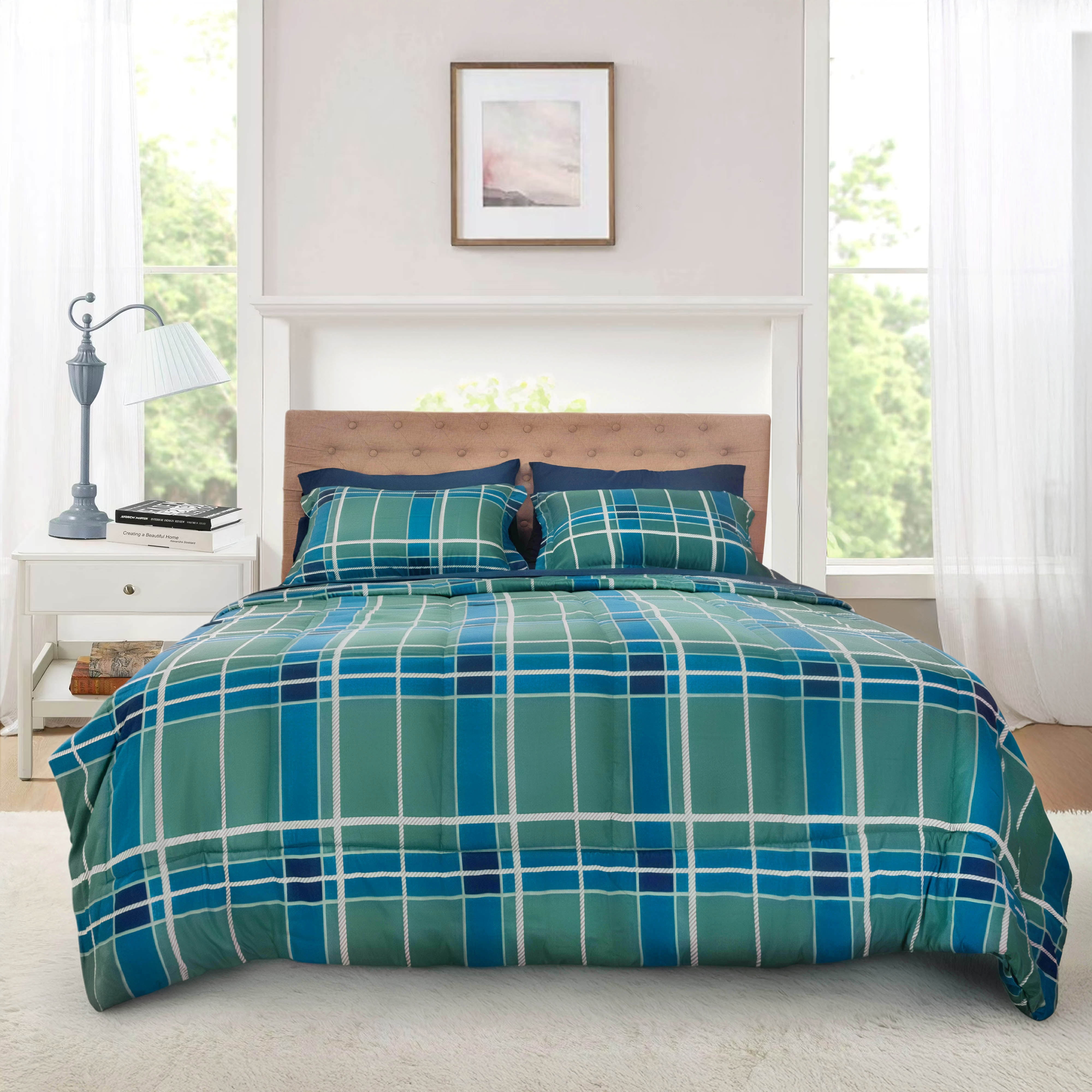 Mainstays All in One Reversible Comforter and Sheet set- 7 Piece, Queen, Green and Navy Plaid