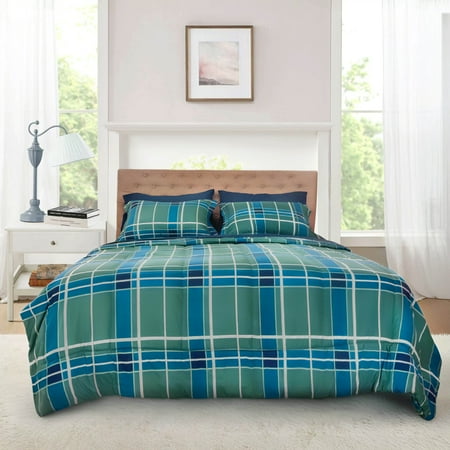 Mainstays All in One Reversible Comforter and Sheet set- 7 Piece, Queen, Green and Navy Plaid