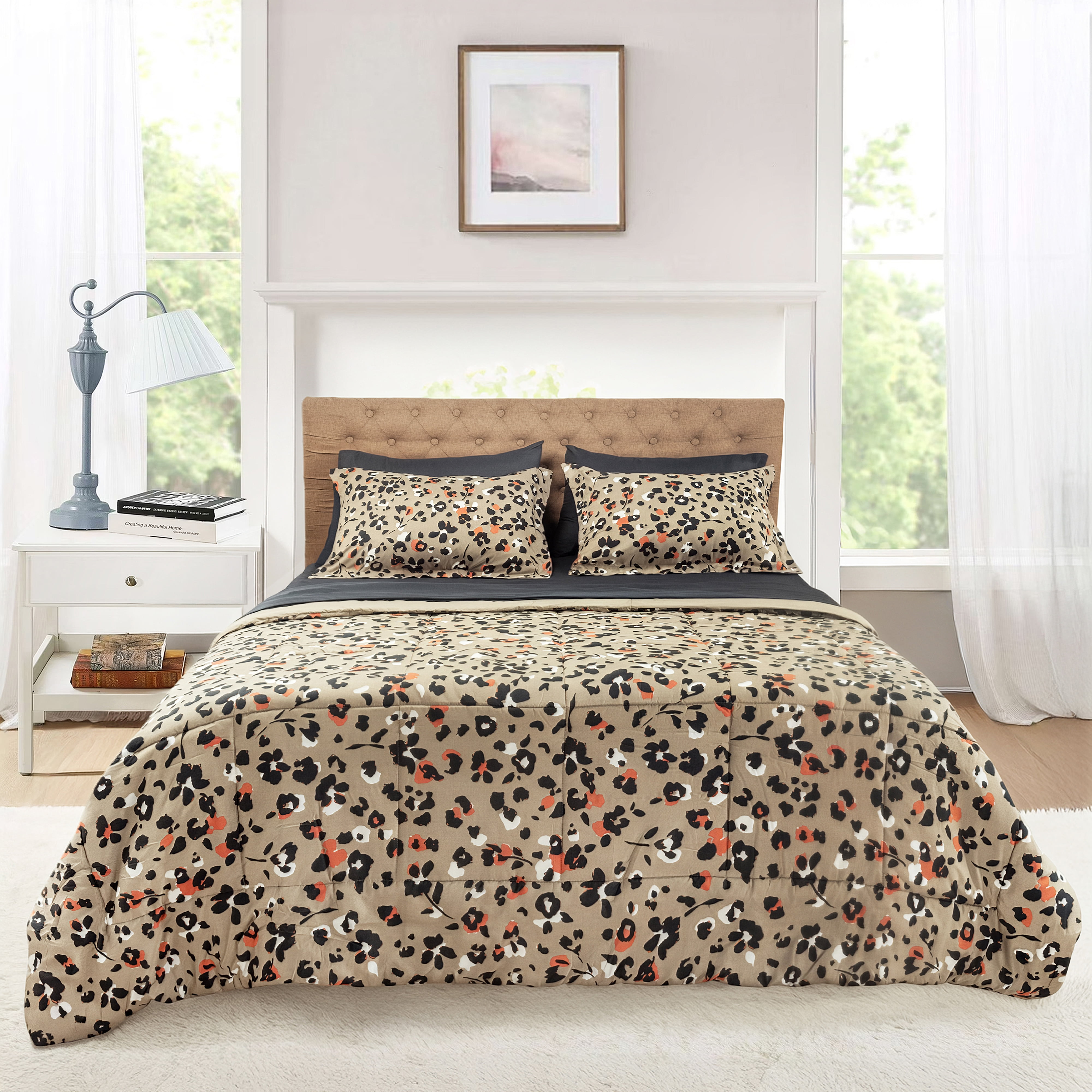 Mainstays All in One Reversible Comforter and Sheet set- 7 Piece, Queen, Beige Animal Print