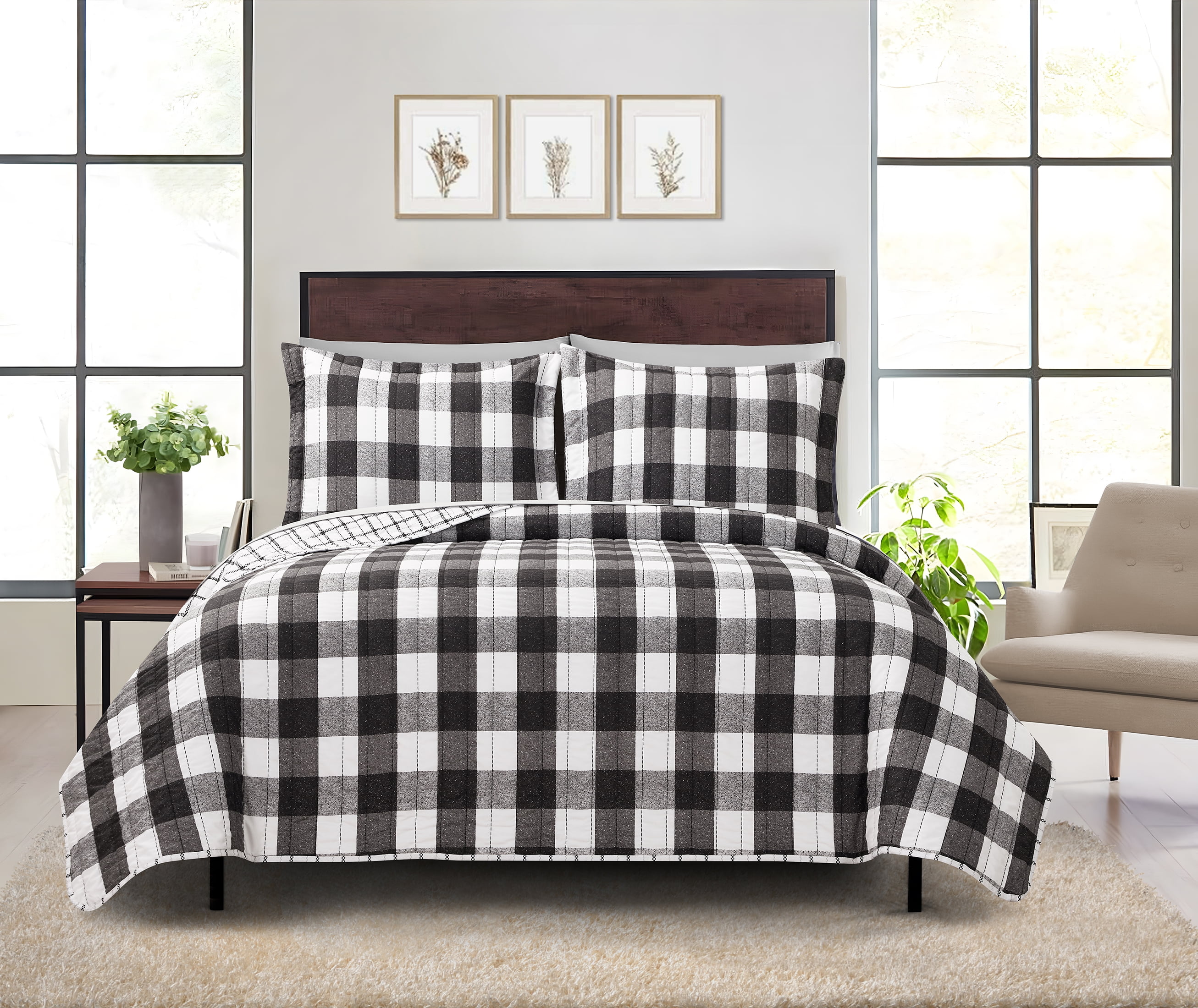 Mainstays 7 Piece Buffalo Check Reversible Quilt Set with Soft Gray Sheets, King