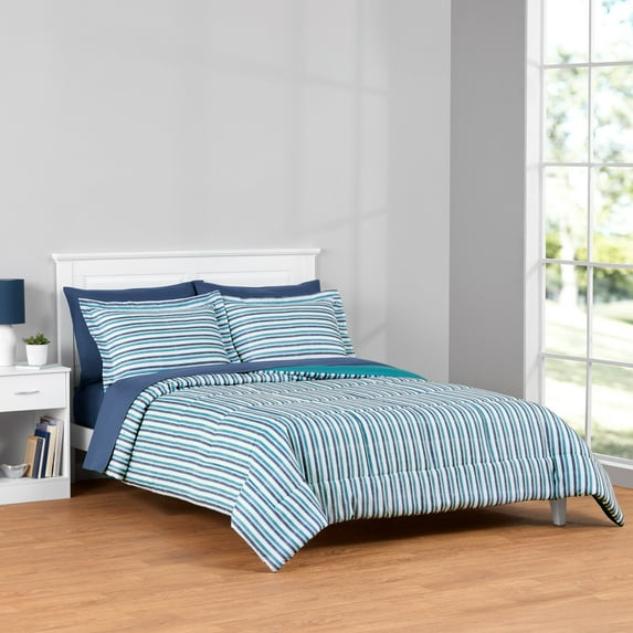 Mainstays All in One Reversible Comforter and Sheet Set- 7 Piece, Queen, Blue Pinstripe