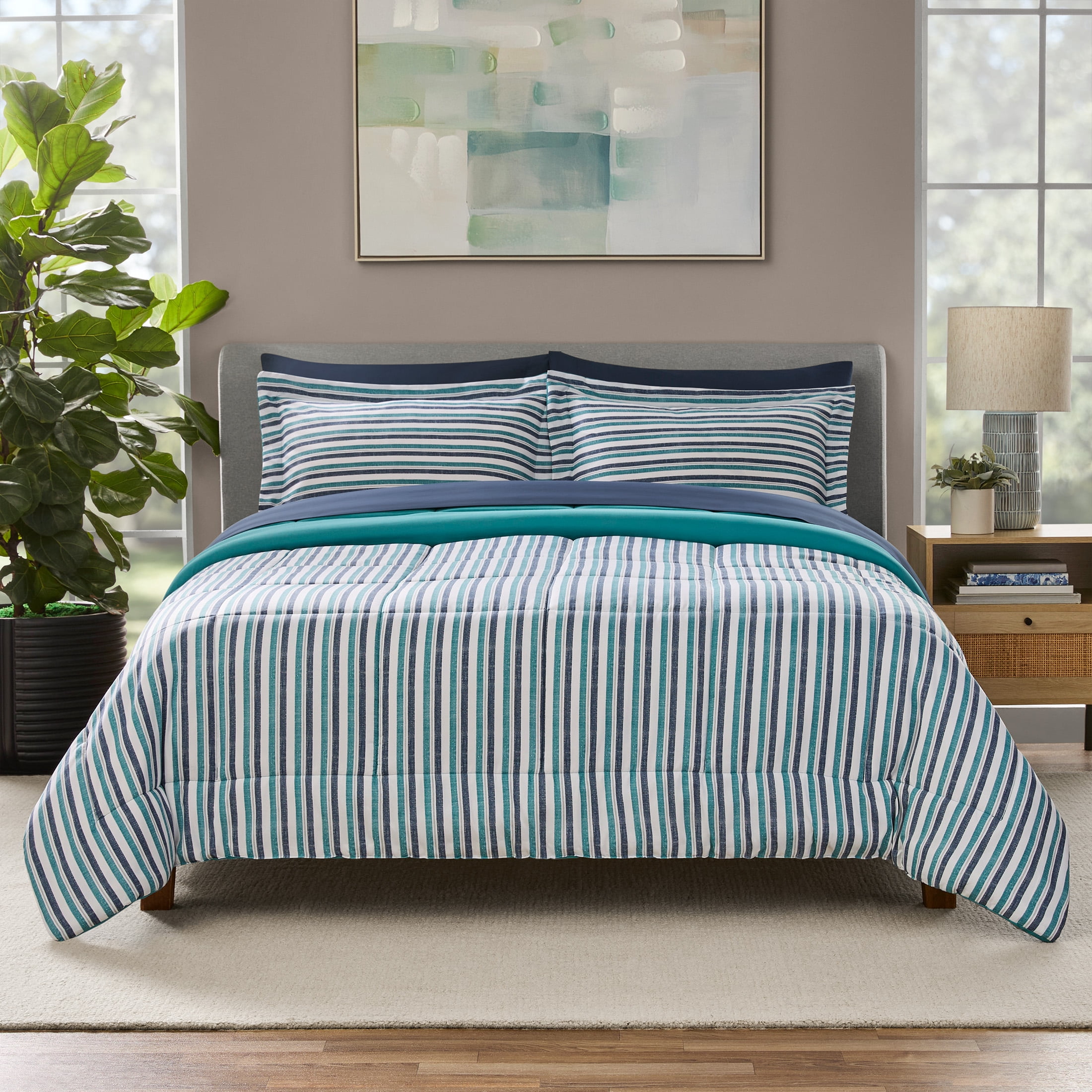 Mainstays All in One Reversible Comforter and Sheet set- 7 Piece, Full, Blue Pinstripe