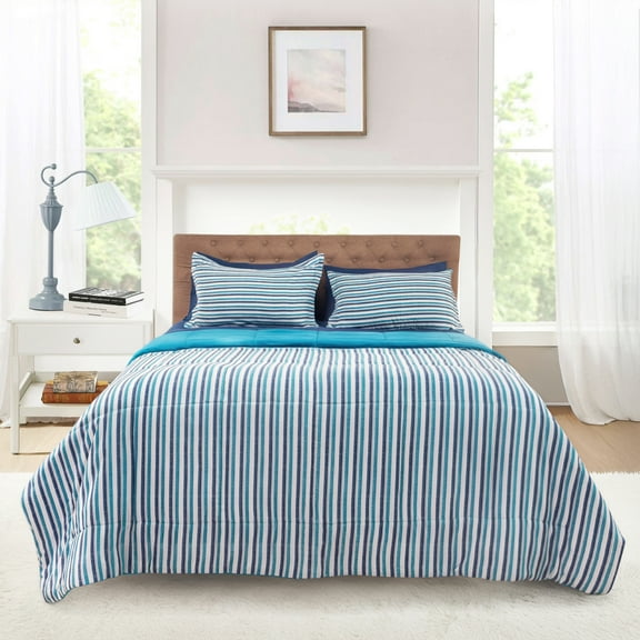 Mainstays All in One Reversible Comforter and Sheet set- 7 Piece, Full, Blue Pinstripe