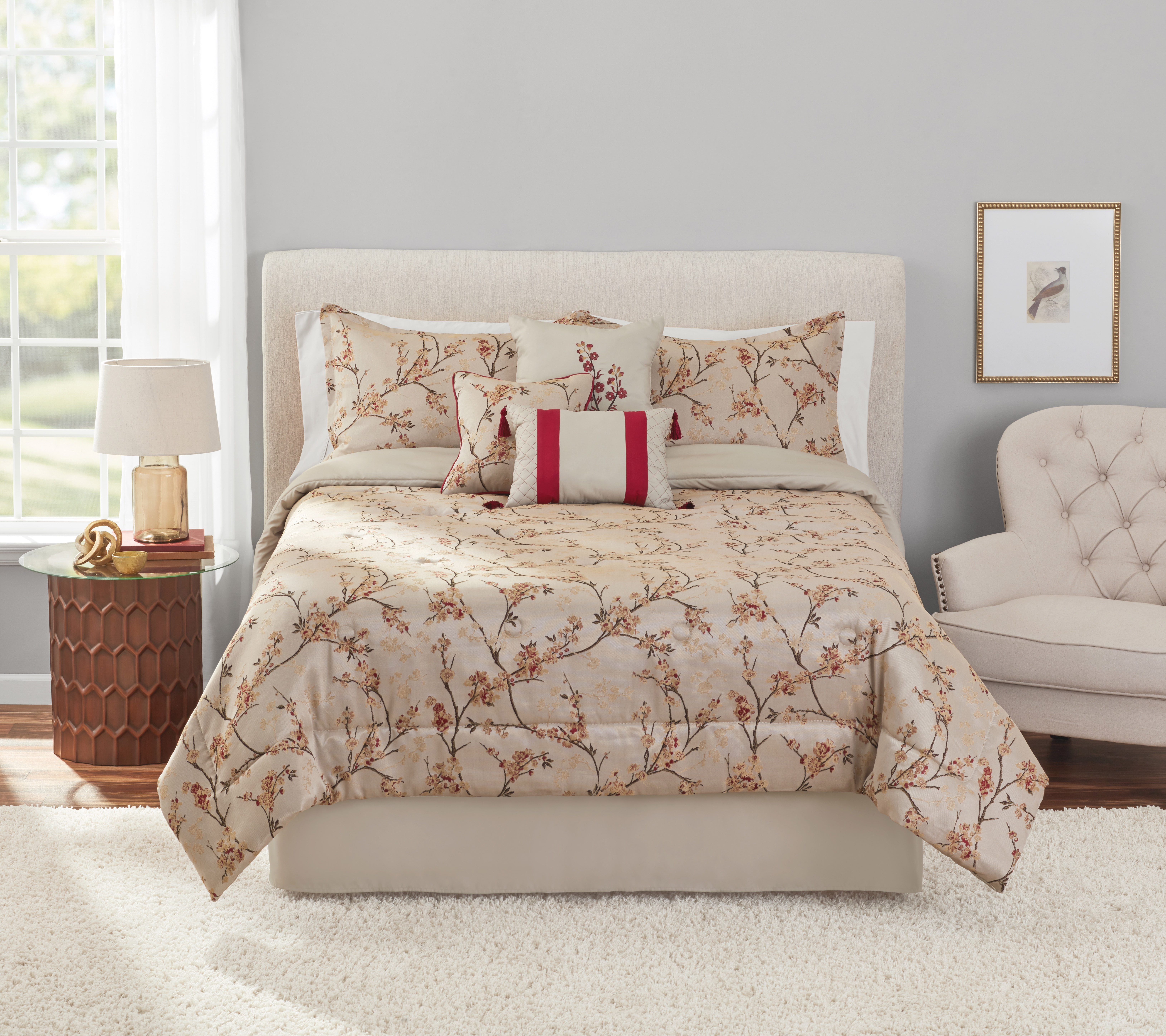 Mainstays 7-Piece Tan and Red Cherry Blossom Jacquard Comforter Set, Full/Queen