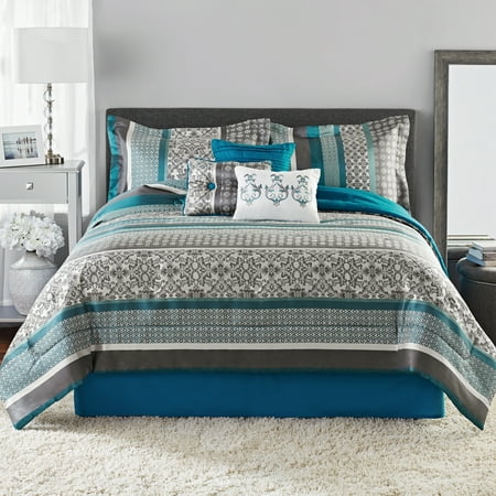 Mainstays 7-Piece Teal Stripe Jacquard Comforter Bedding Set, Full-Queen