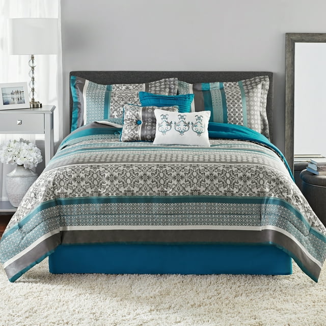 Mainstays 7Piece Teal Stripe Jacquard Comforter Bedding Set, Full