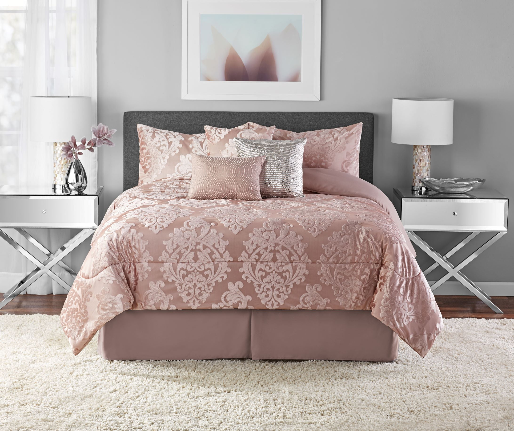 Mainstays 7Piece Velvet Comforter Set, Blush, Full/Queen, Shams, 3 Dec Pillows and Bed Skirt