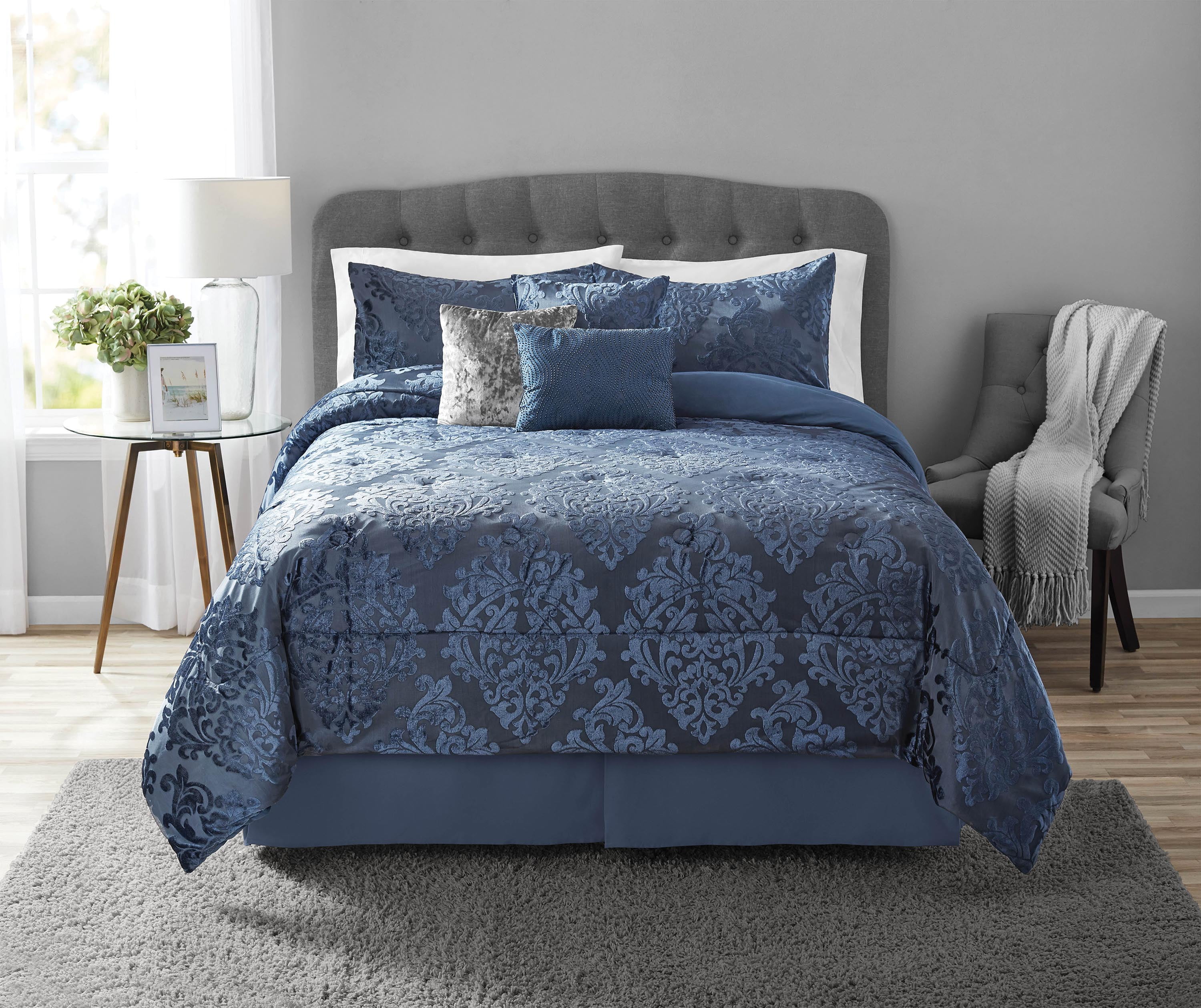 Mainstays 7Pieces Navy Damask Comforter Set, King, Polyester