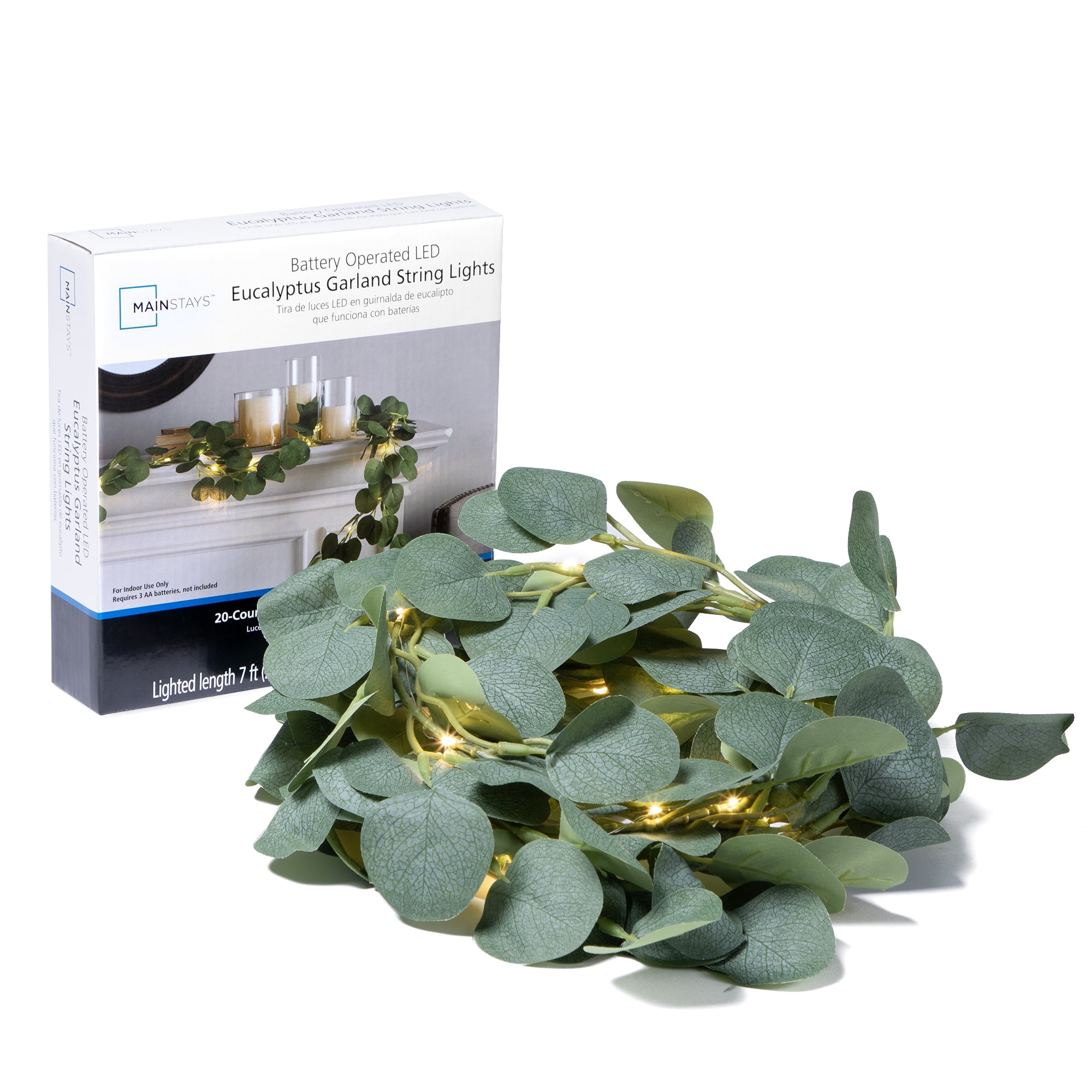 Battery Powered Warm White LED Eucalyptus Garland String Lights