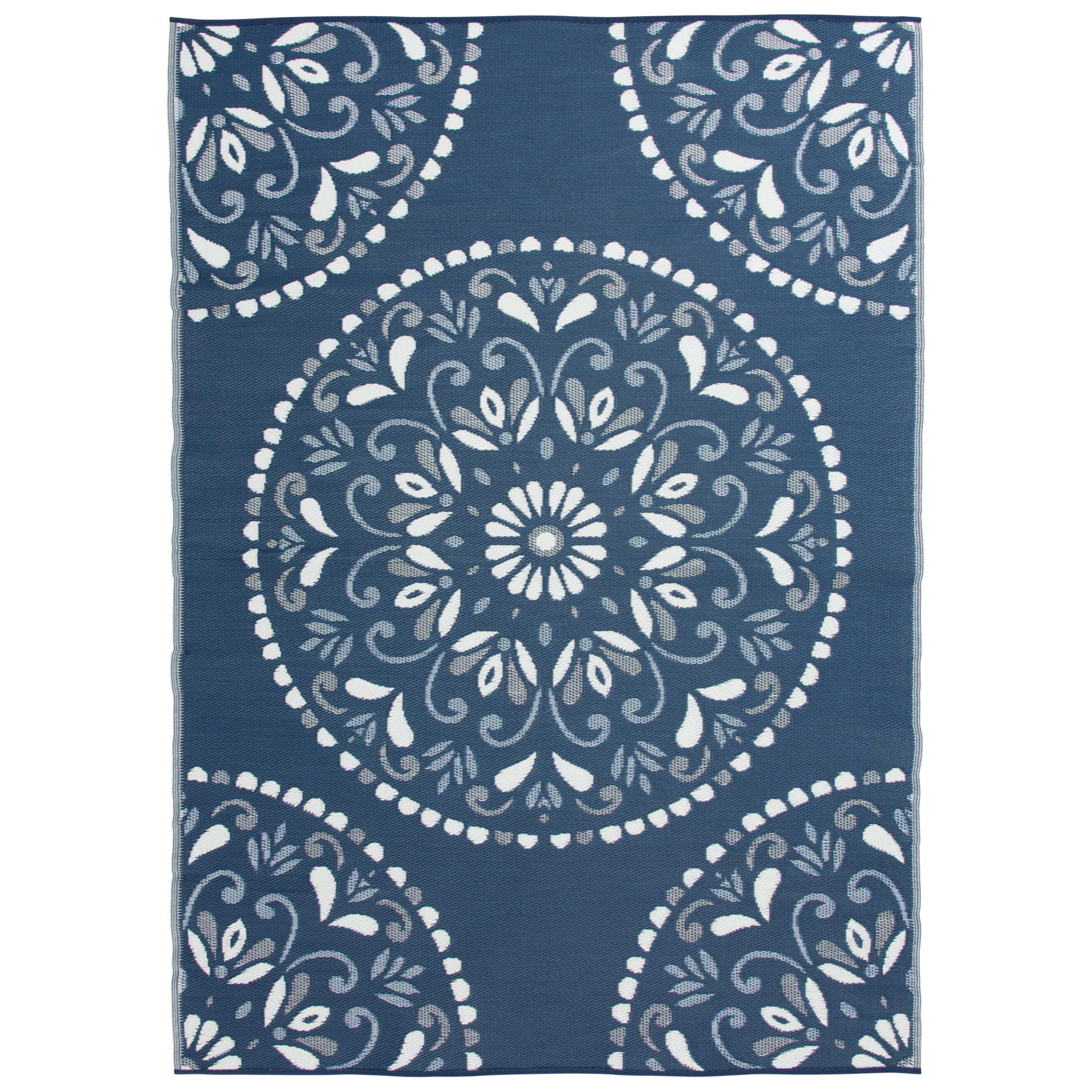 Navy and White Medallion Reversible Outdoor Plastic Rug, 8' x 10'