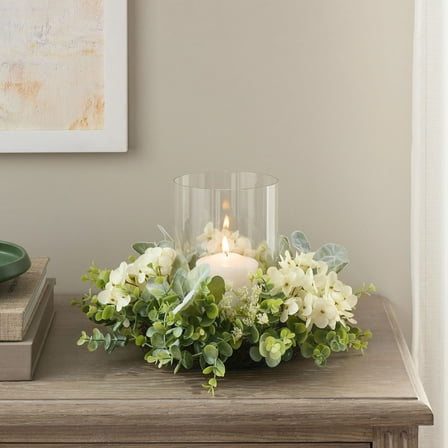 Mainstays Decorative Hurricane Pillar Candleholder with Faux White Hydrangea, 8"