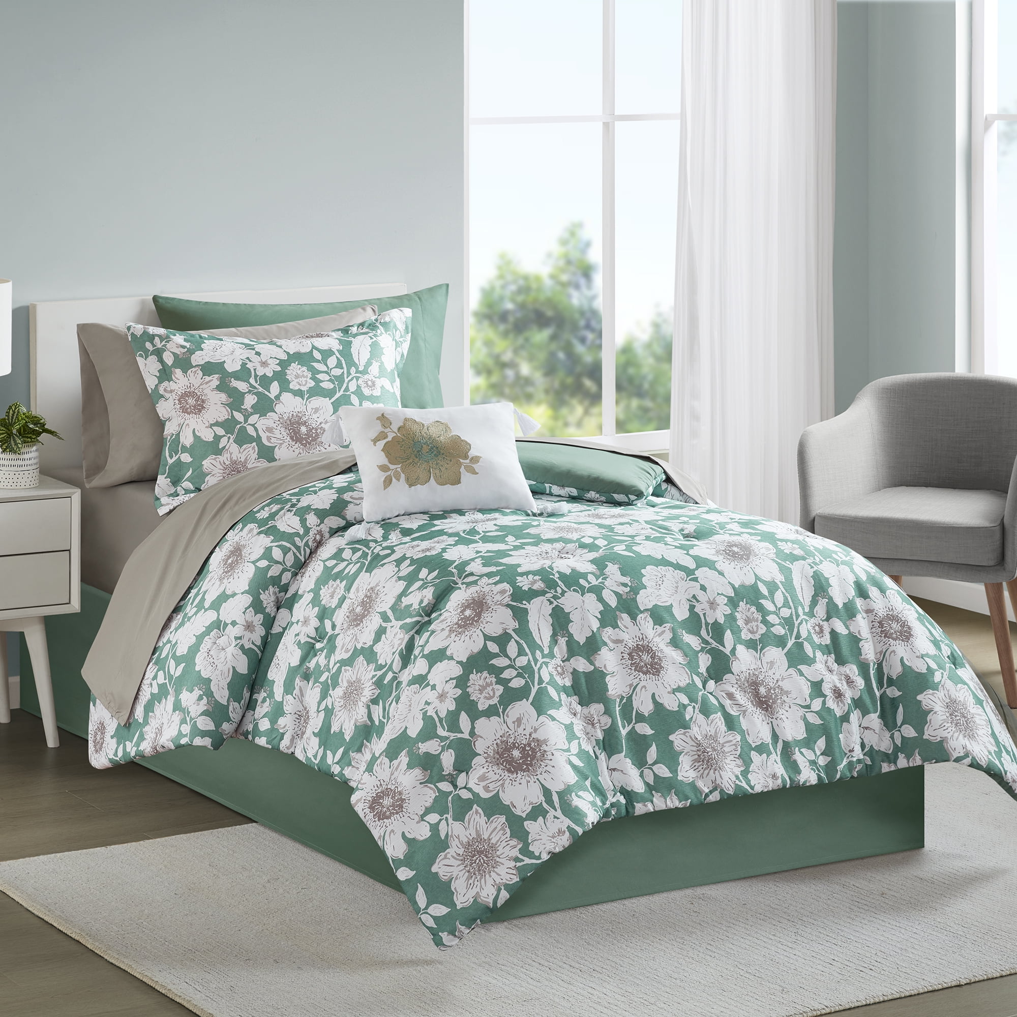 Mainstays All in One Reversible Comforter and Sheet set- 8 Piece, Twin, Green Floral