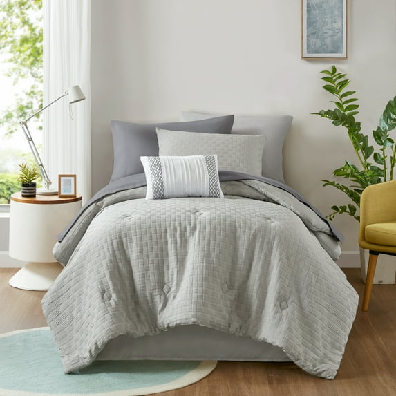 Mainstays 8-Piece Bed in a Bag Comforter Set with Sheets, Grey Basketweave, Twin/TwinXL