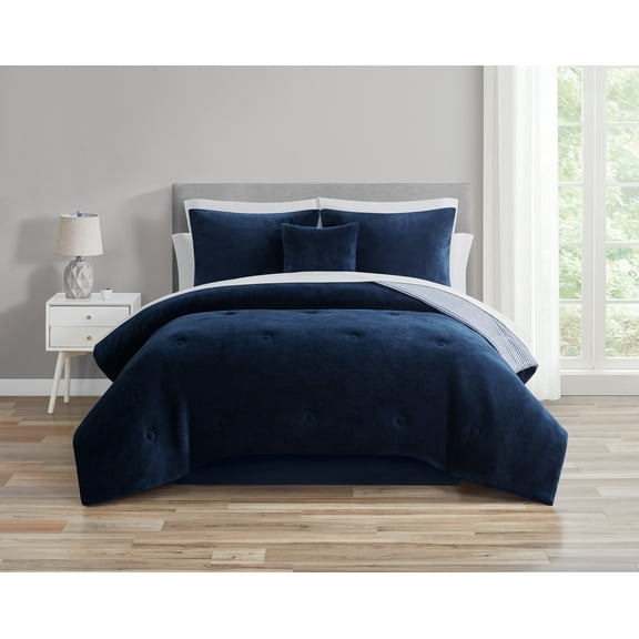 Mainstays 8-Piece Bed in a Bag Comforter Set with Sheets, Navy Microplush, Twin/Twin XL, Unisex