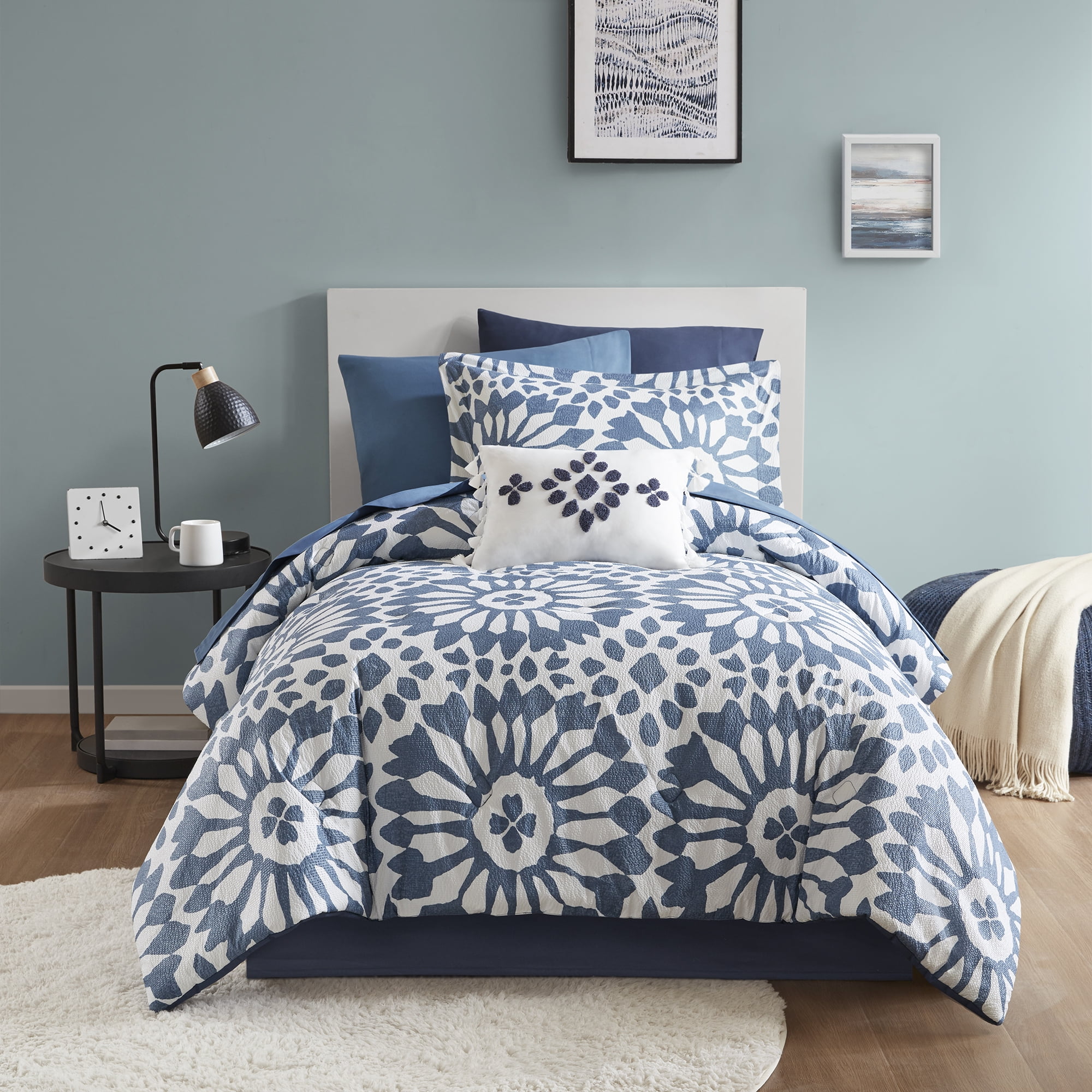 Mainstays 8-Piece Reversible Bed-in-a-Bag Comforter and Sheet Set, Twin/Twin-XL, Indigo Tile Print