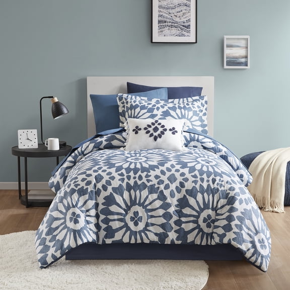 Mainstays 8-Piece Reversible Bed-in-a-Bag Comforter and Sheet Set, Twin/Twin-XL, Indigo Tile Print