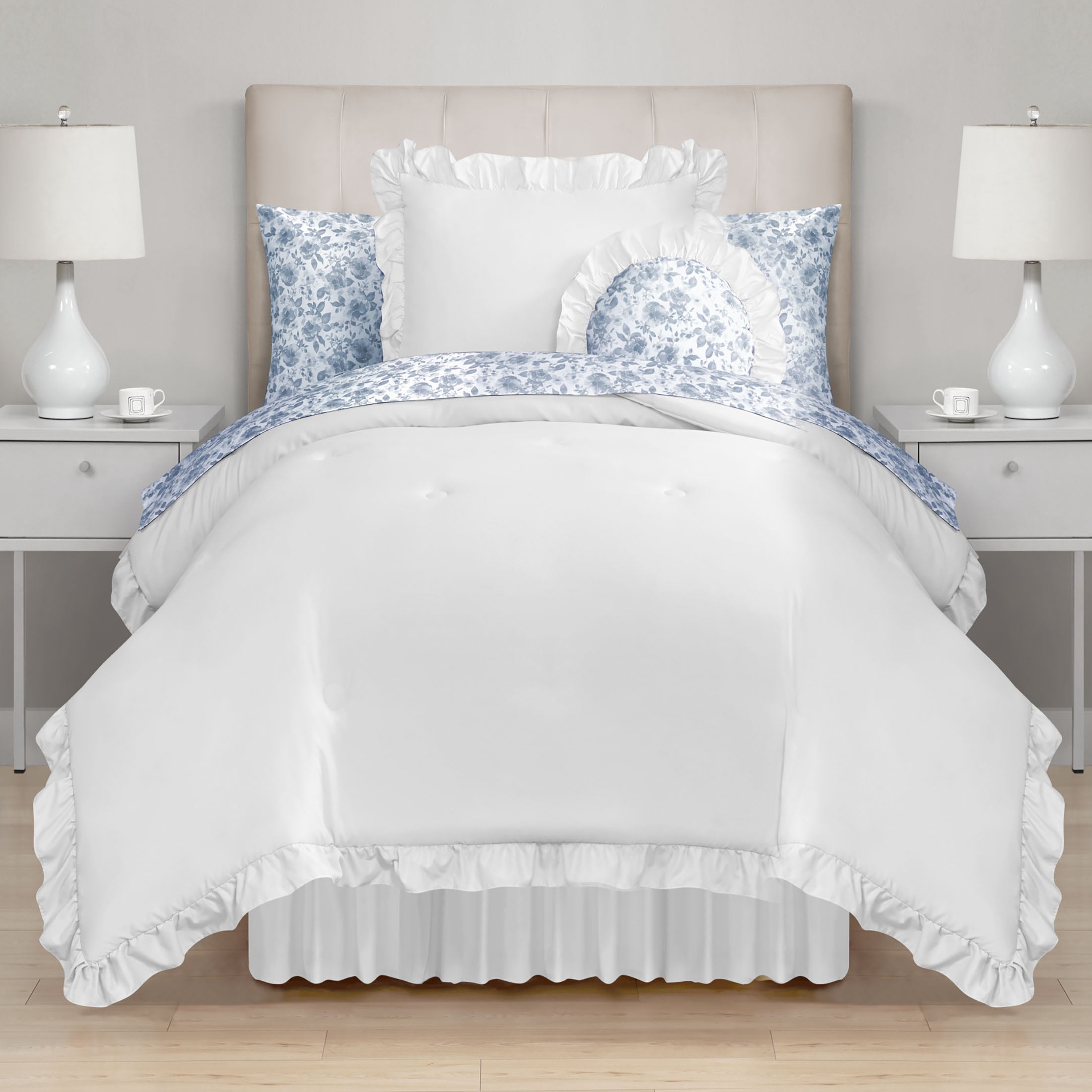 Mainstays All in One Reversible Comforter and Sheet Set- 8 Piece, Twin, White and Blue Ruffle