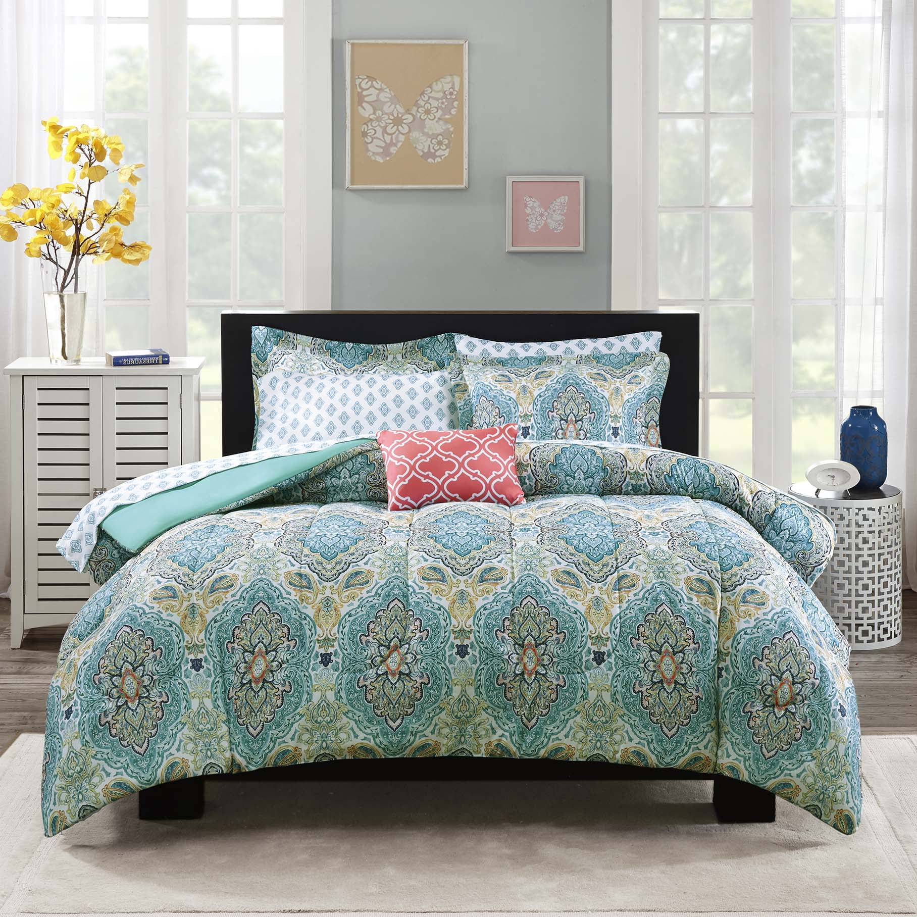 Mainstays Teal Paisley 8 Piece Bed in a Bag Comforter Set With Sheets, Full, image size:1816x1816